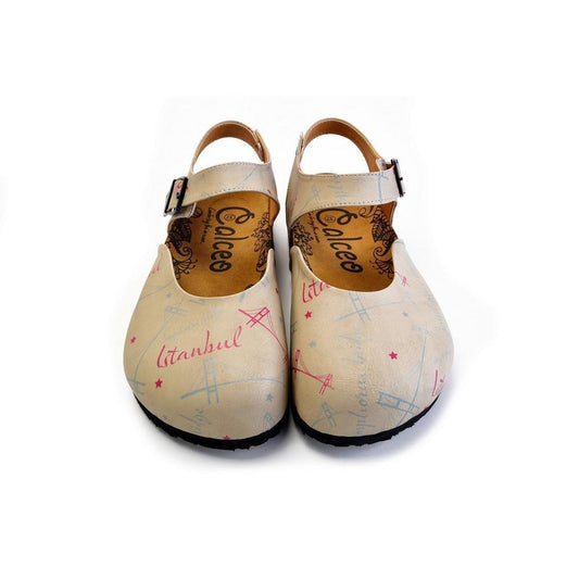 Beige, Blue, Red Sail and Bridge Color, Istanbul Written Patterned Clogs - CAL1607 (774941769824)