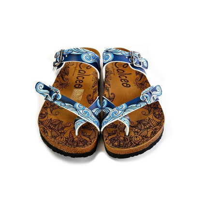 Light Blue and White, Sea Wavy Dark Blue Pattern Sandal - CAL1013 (774931382368)
