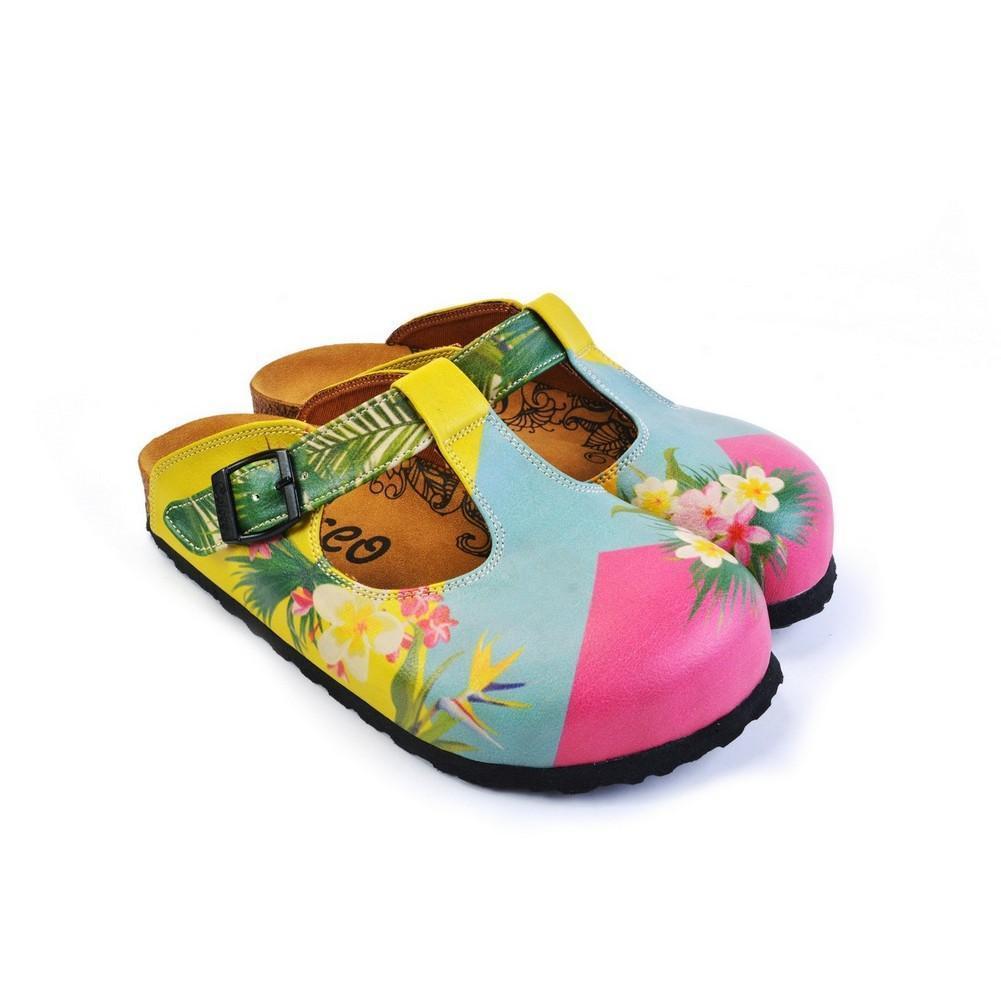 Blue & Pink Floral Color Block T-Strap Mule CAL1502 (774933479520)