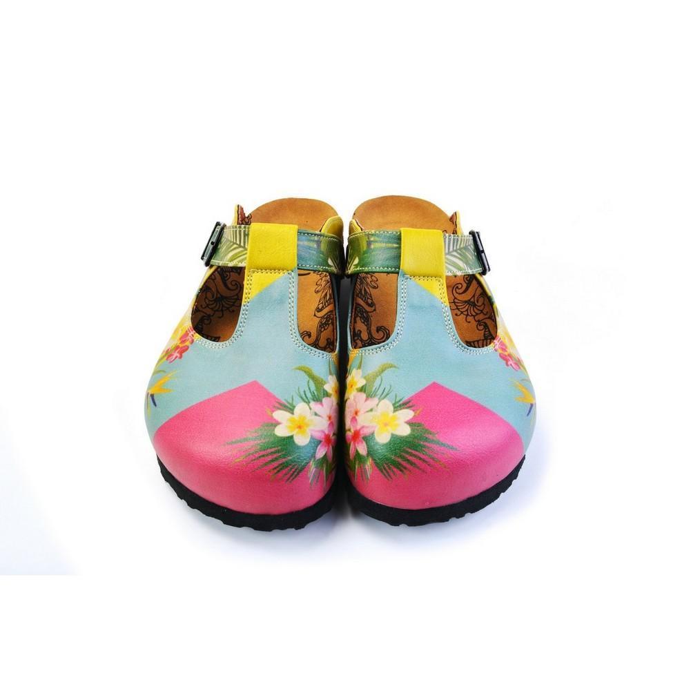 Blue & Pink Floral Color Block T-Strap Mule CAL1502 (774933479520)