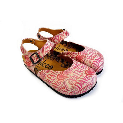 Beige and Red Color, Heart Patterned, Valentines Day Written Patterned Clogs - CAL1605 (774941540448)