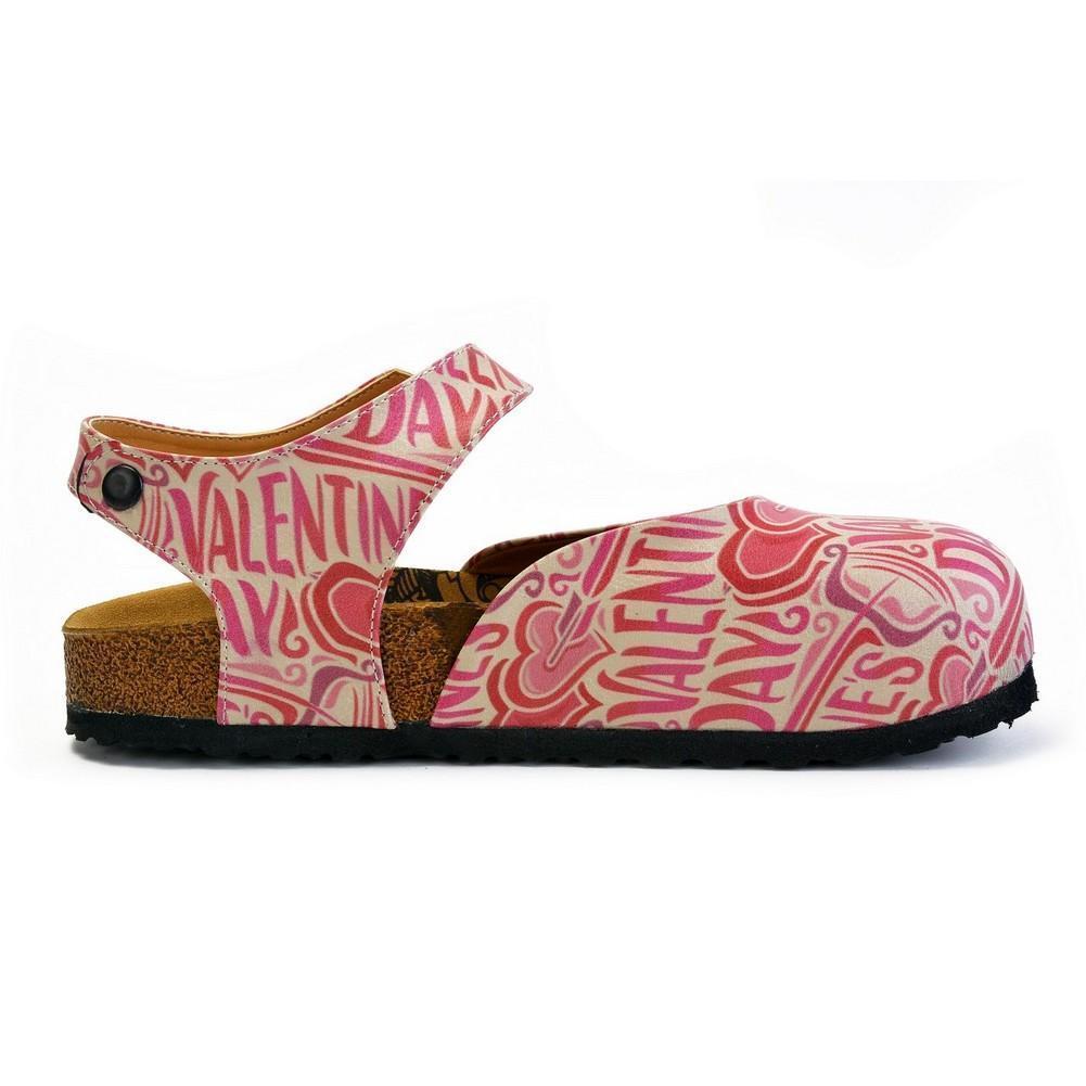 Beige and Red Color, Heart Patterned, Valentines Day Written Patterned Clogs - CAL1605 (774941540448)