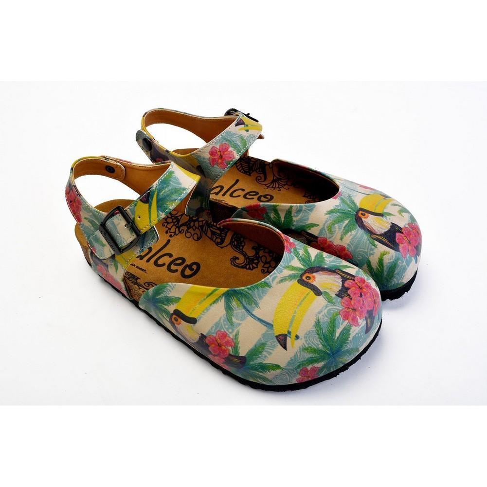 Pink, Blue, Beige Color and Pink Flowers, Yellow Toucan Patterned Clogs - CAL1608 (774941933664)