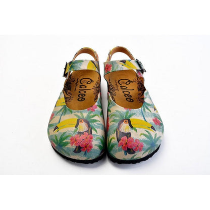 Pink, Blue, Beige Color and Pink Flowers, Yellow Toucan Patterned Clogs - CAL1608 (774941933664)