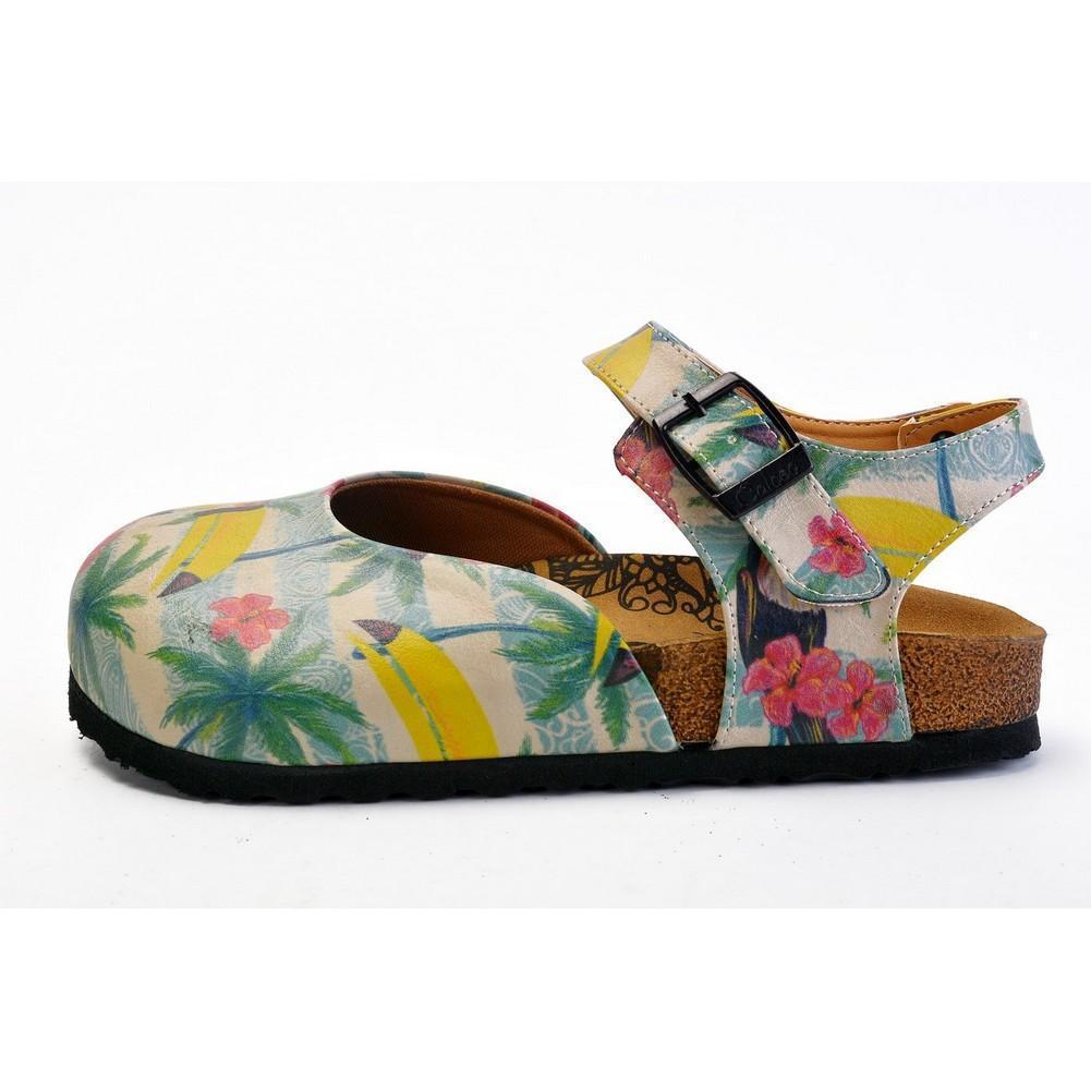 Pink, Blue, Beige Color and Pink Flowers, Yellow Toucan Patterned Clogs - CAL1608 (774941933664)