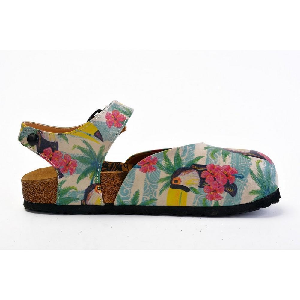 Pink, Blue, Beige Color and Pink Flowers, Yellow Toucan Patterned Clogs - CAL1608 (774941933664)