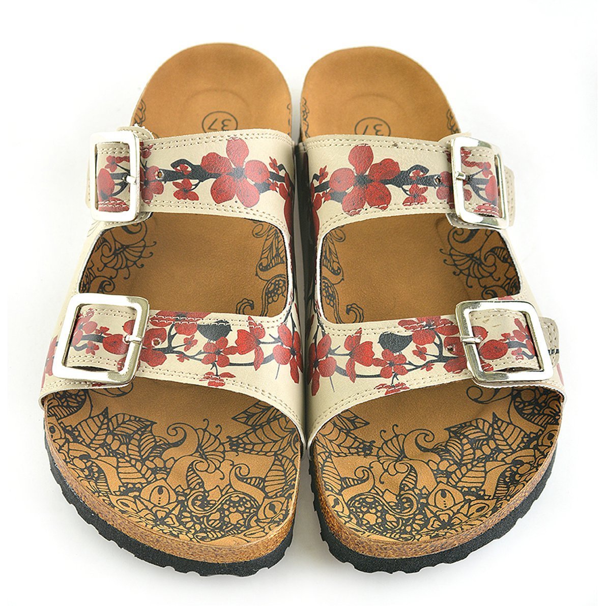 Cream & Red Floral Two-Strap Buckle Sandal CAL207 (737699856480)