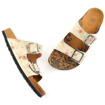 Cream & Pink Roses Two-Strap Buckle Sandal CAL209 (737682522208)