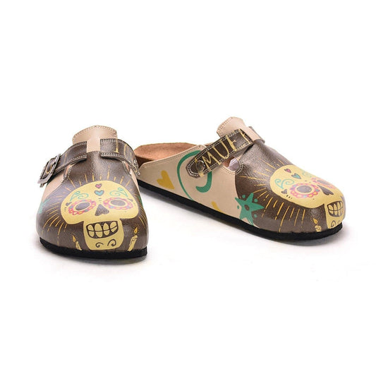 Brown & Yellow Sugar Skull Clogs CAL308 (737682161760)
