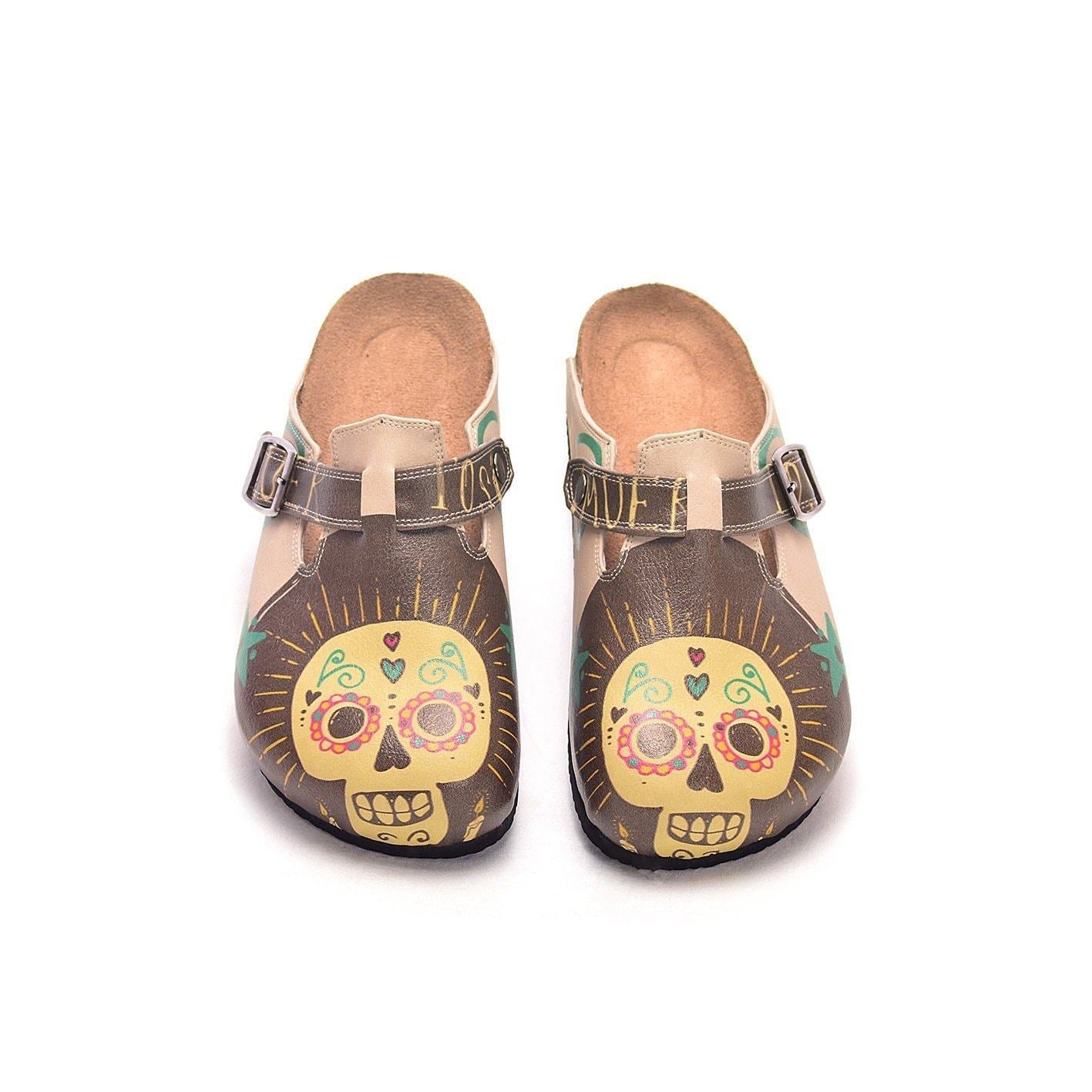 Brown & Yellow Sugar Skull Clogs CAL308 (737682161760)