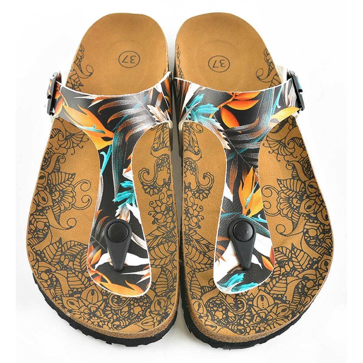 Black & Orange Leaves T-Strap Sandal CAL514 (737680425056)