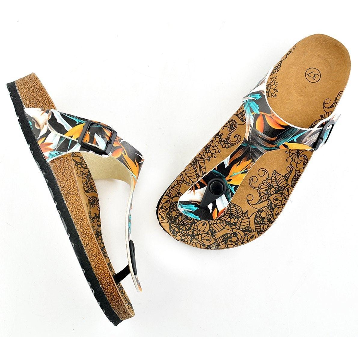 Black & Orange Leaves T-Strap Sandal CAL514 (737680425056)