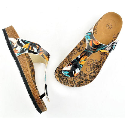 Black & Orange Leaves T-Strap Sandal CAL514 (737680425056)