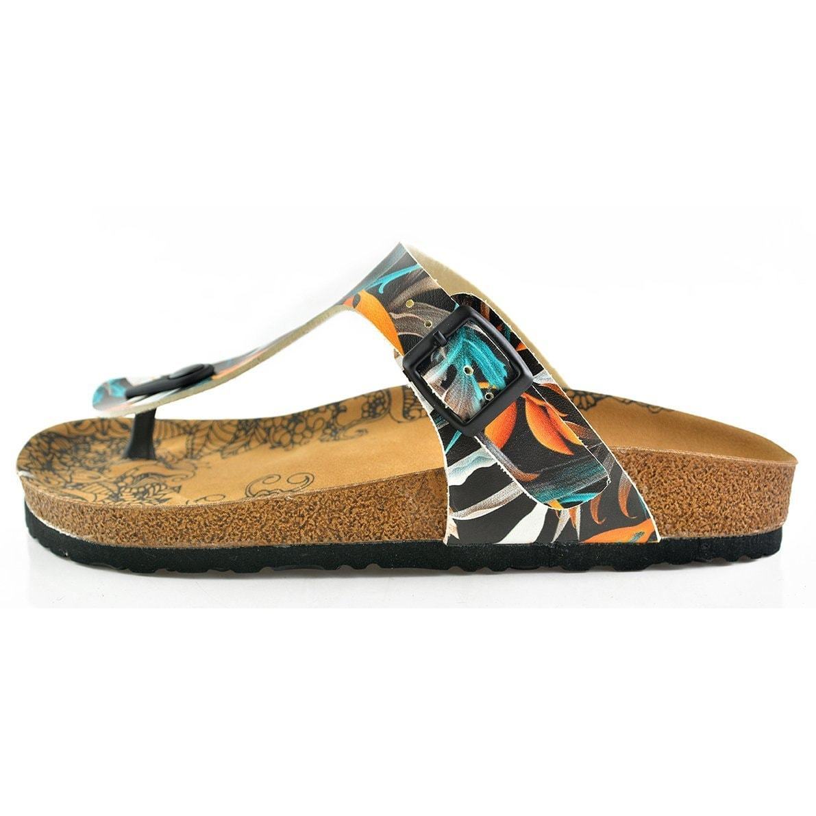 Black & Orange Leaves T-Strap Sandal CAL514 (737680425056)