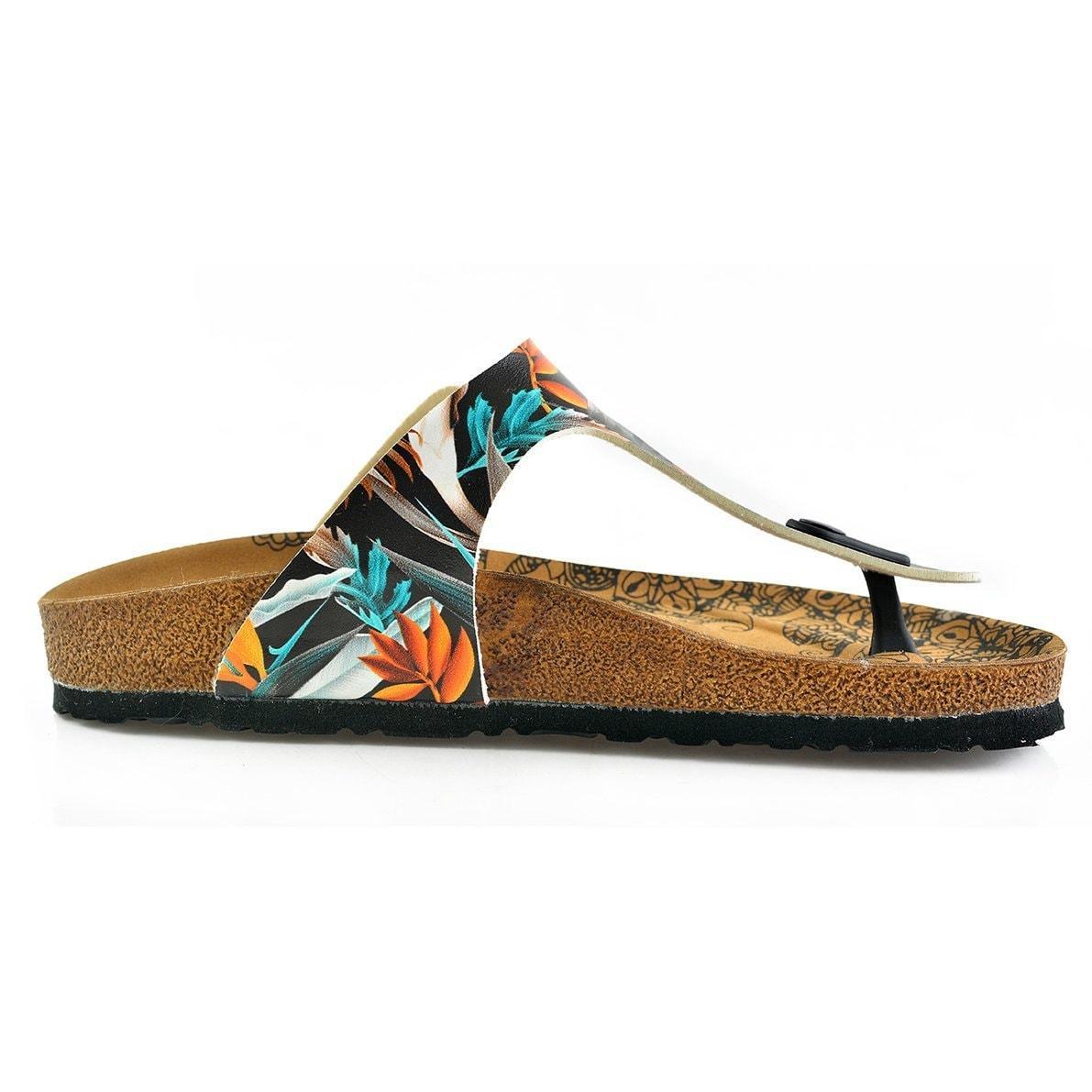 Black & Orange Leaves T-Strap Sandal CAL514 (737680425056)