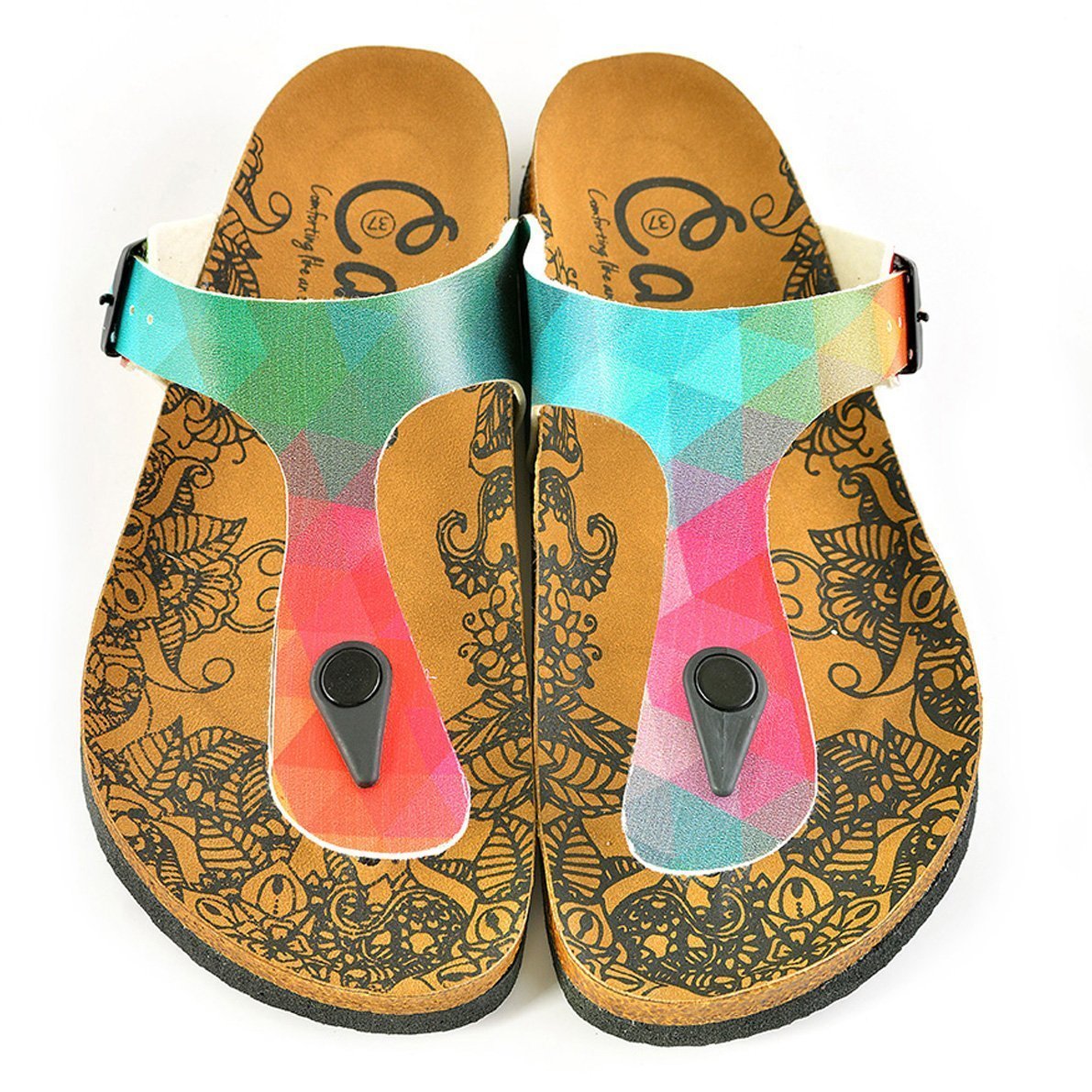 Green & Red Abstract T-Strap Sandal CAL522 (737679966304)