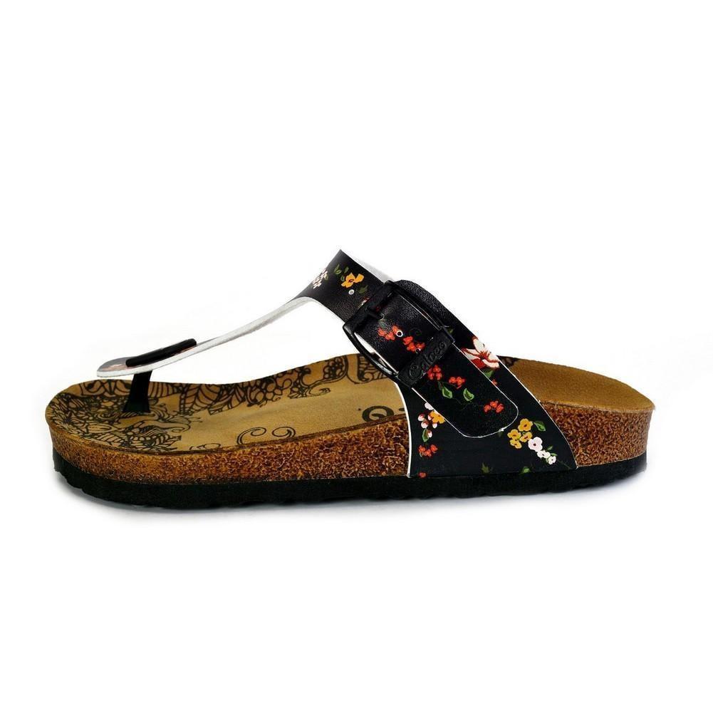 Black and Colored Flowers Patterned Sandal - CAL526 (774935904352)