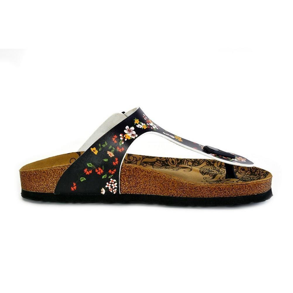 Black and Colored Flowers Patterned Sandal - CAL526 (774935904352)