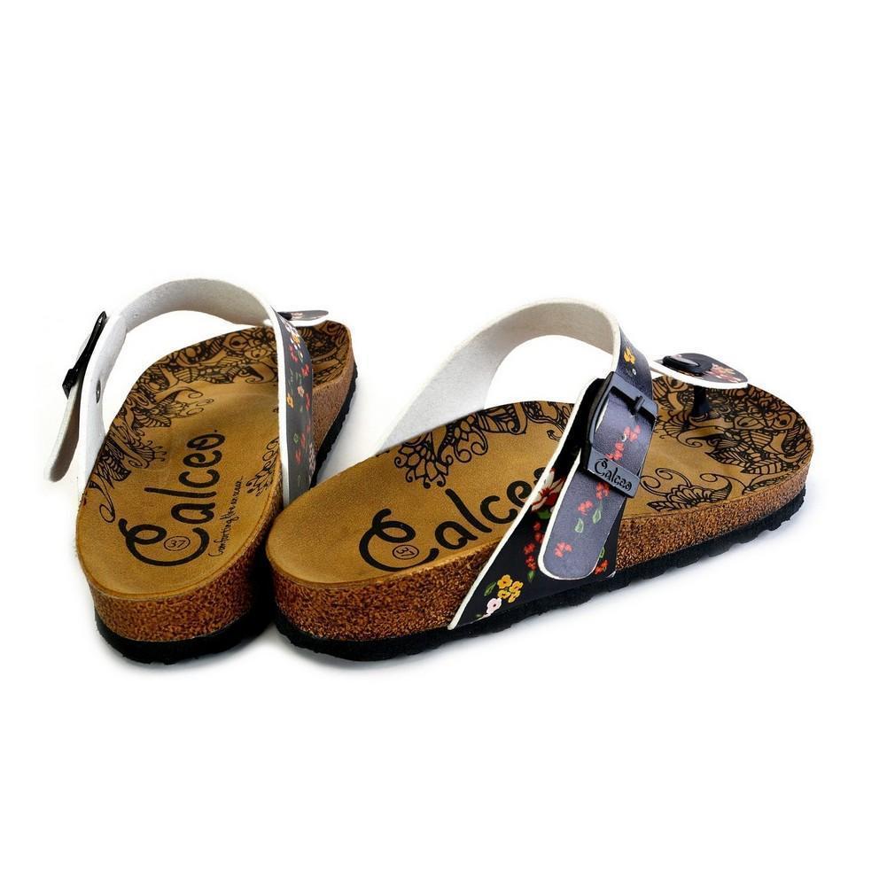 Black and Colored Flowers Patterned Sandal - CAL526 (774935904352)