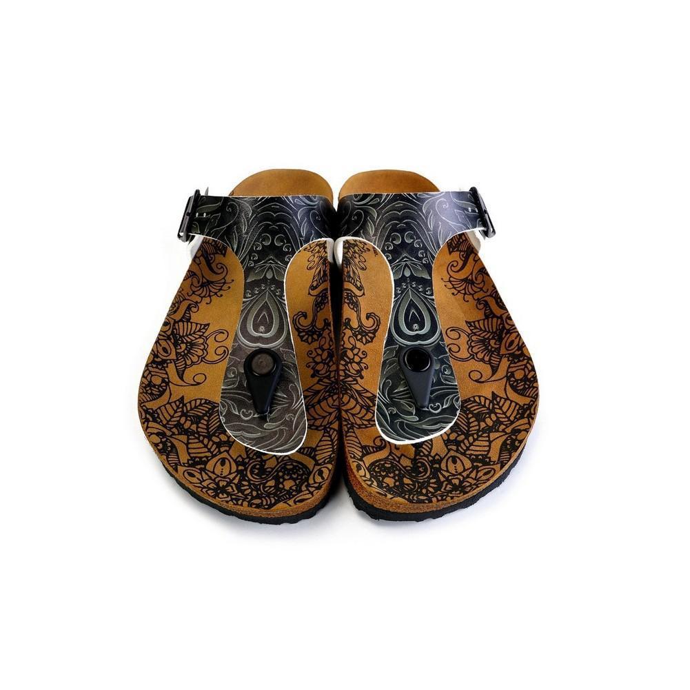 Black and Grey Patterned Flowers Sandal - CAL529 (774936232032)