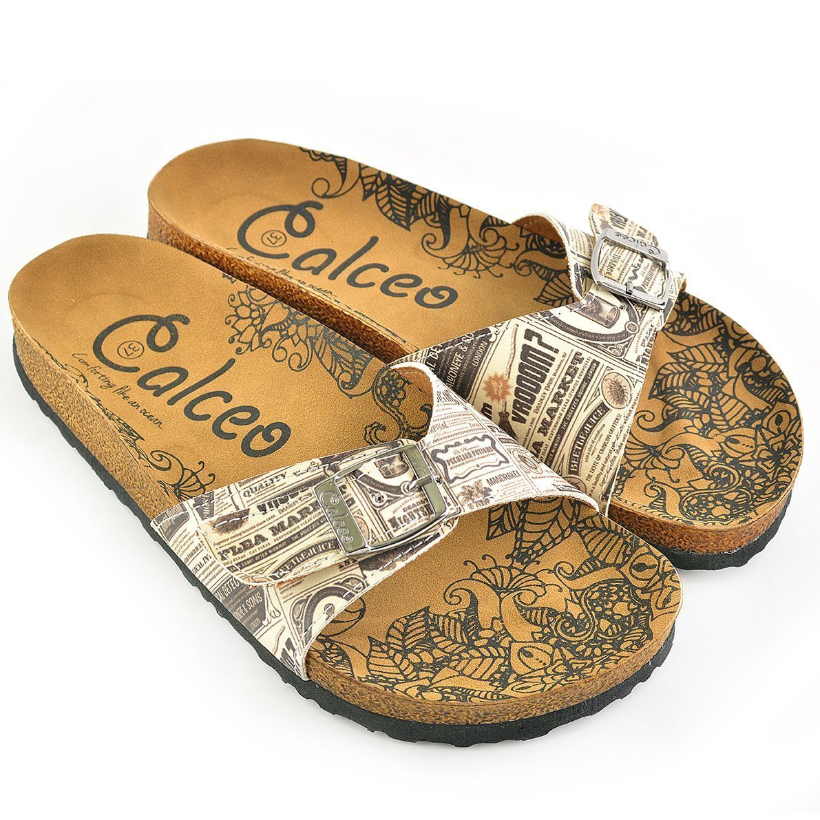 Beige Newspaper Buckle-Accent Sandal CAL905 (737678983264)