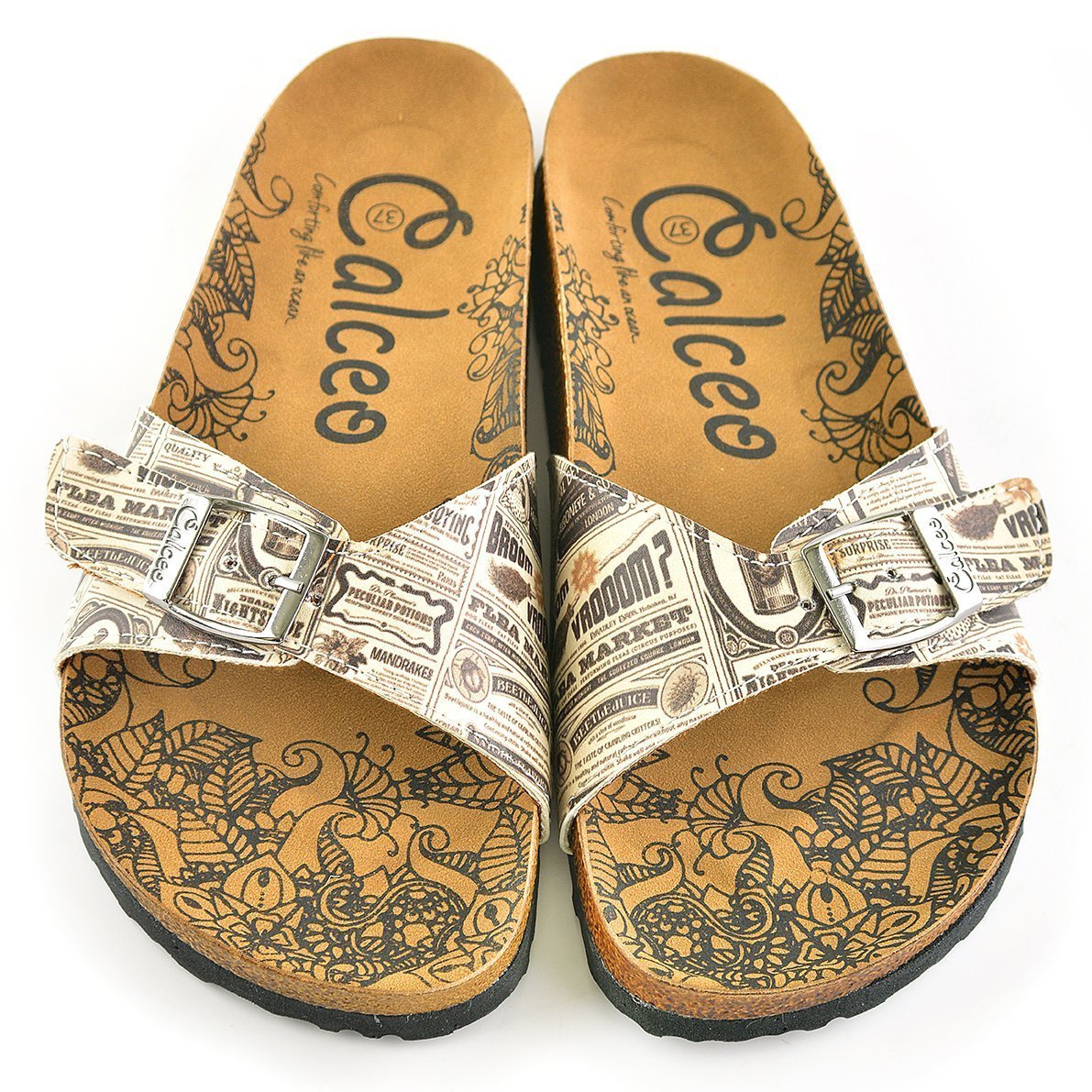 Beige Newspaper Buckle-Accent Sandal CAL905 (737678983264)