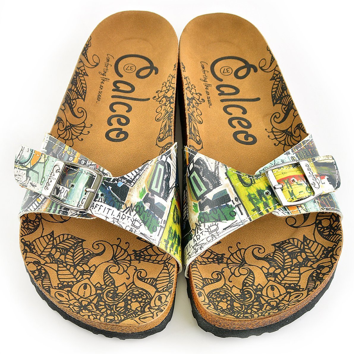 White & Green Abstract Buckle-Accent Sandal CAL907 (737678917728)