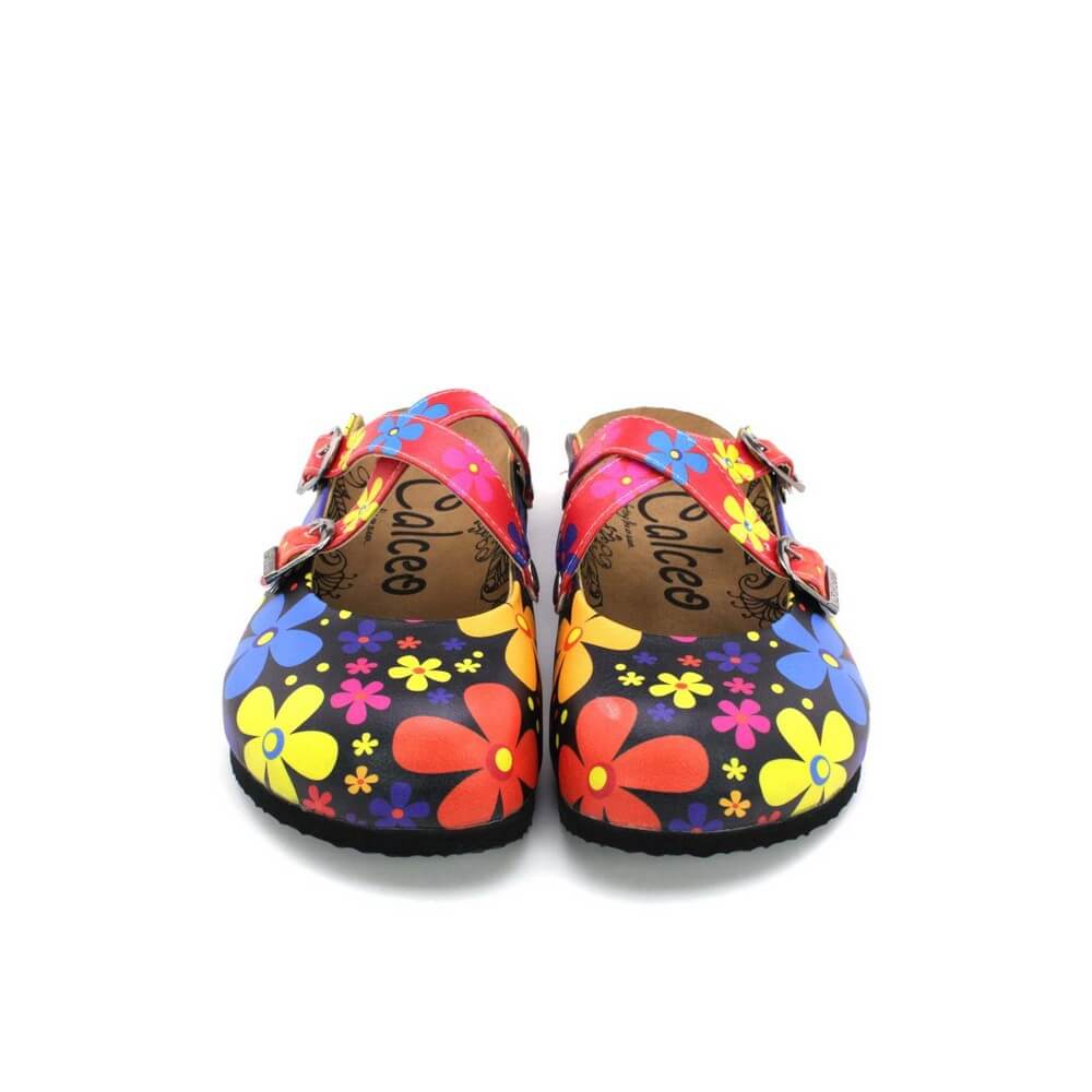 Red and Black Colored Flowers Patterned Clogs - WCAL172