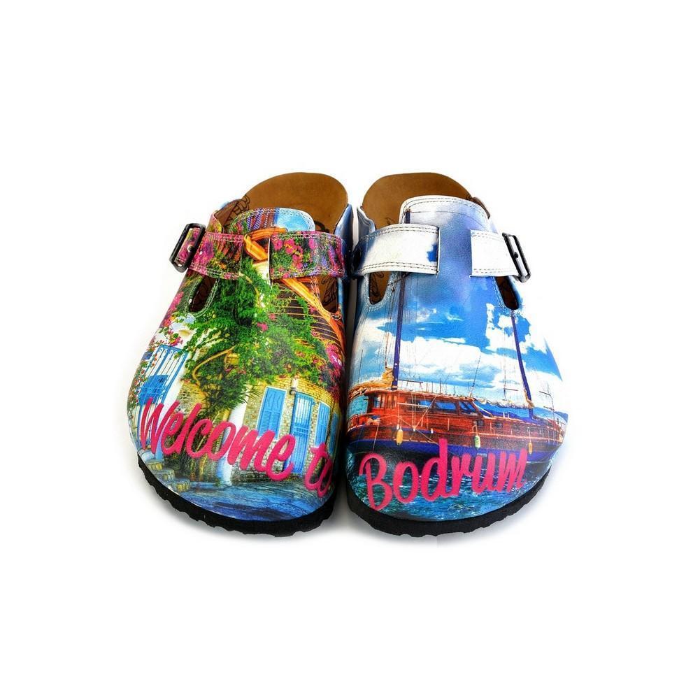Green and Pink Colored and Flowered, Welcome Bodrum Written Patterned Clogs - WCAL368 (774939869280)
