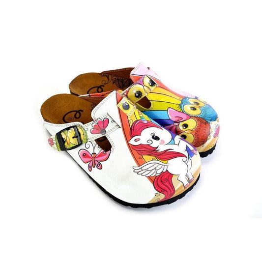 White and Pink Colored Unicorn Patterned, Colorful Cute Owl Patterned Clogs - WCAL369 (774940000352)